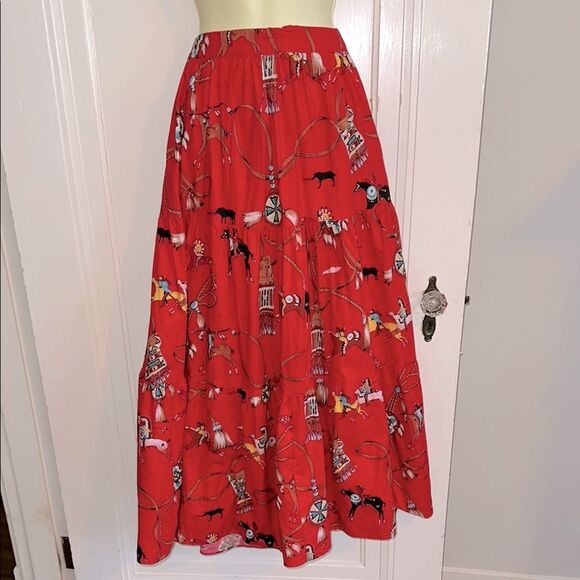 Vintage 80s/90s Broom Stick Brand Native American Print Red 3 Tier Maxi Skirt - Picture 1 of 7
